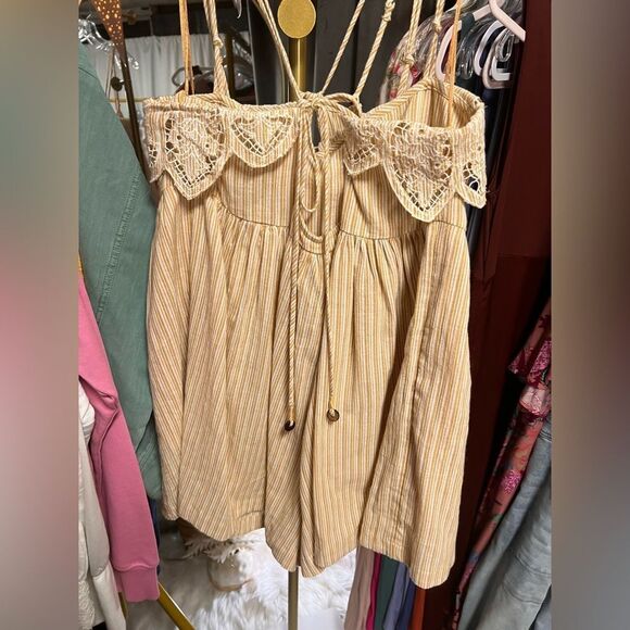 Free People Collina Striped Crochet Lace Trim Romper in Neutral Combo - Picture 8 of 9